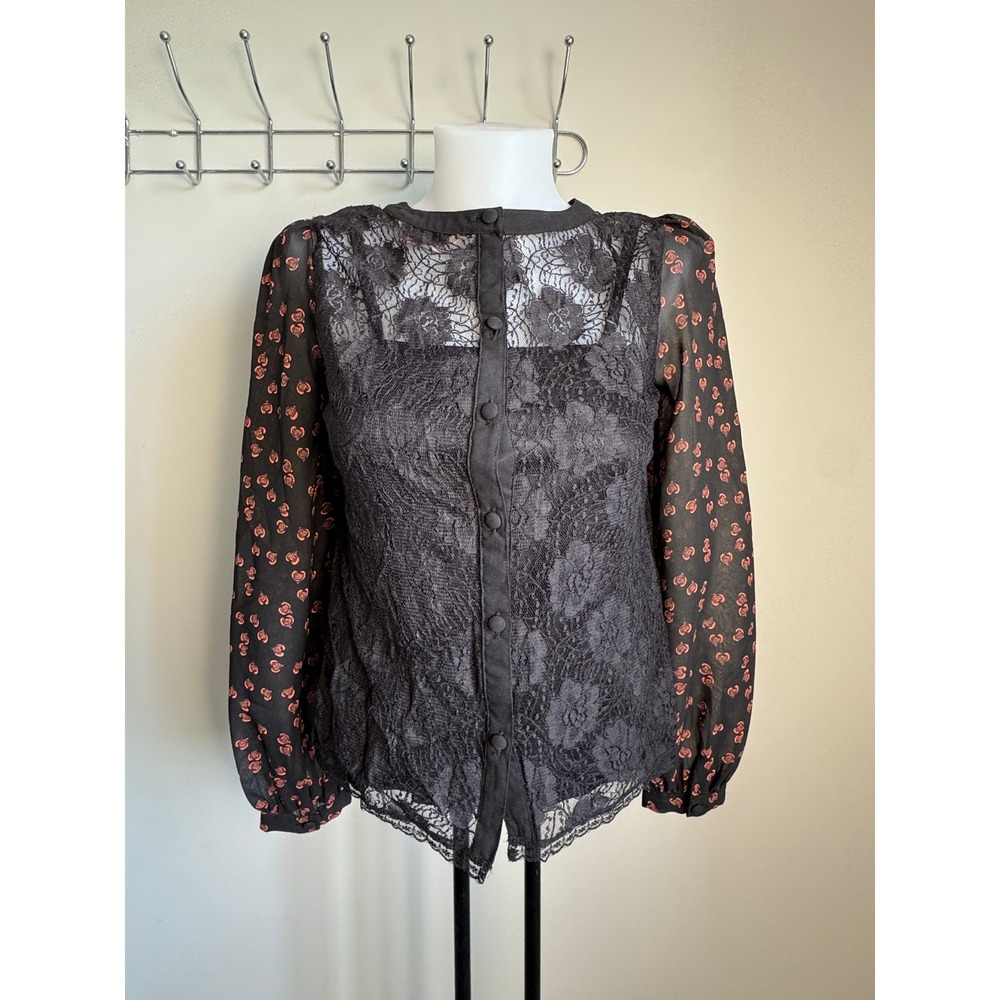 A-Wear Emily Rose Lace Blouse 8 Sheer Floral Sleeve Layered Cami Goth Whimsigoth